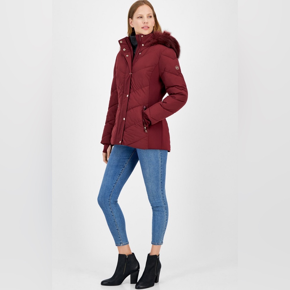 Michael Kors Women’s Faux-Fur Hooded Puffer Coat-Burgundy-Size Large NWT💋